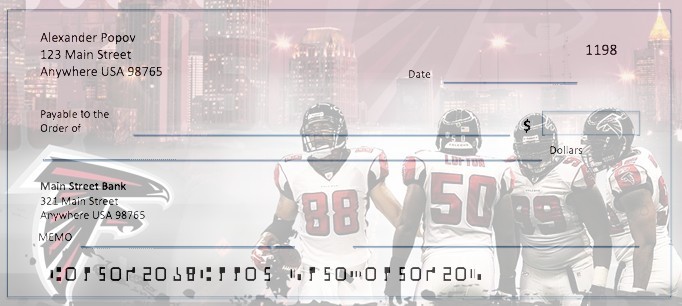 Earlier Atlanta Falcons check illustration with a skyline, players and a team emblem