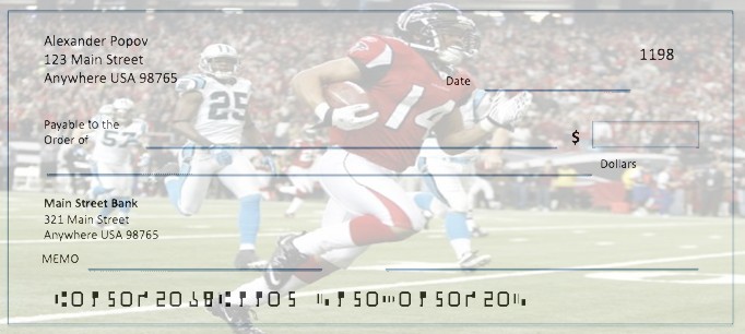 Earlier Atlanta Falcons check illustration with a football player carrying the ball