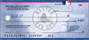 Earlier Boston Red Sox check design Earlier blue Boston Red Sox check design with a circular team emblem and baseball details