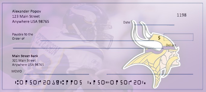Earlier Minnesota Vikings check illustration with a faded helmeted football player and a large Viking-head emblem on a purple background