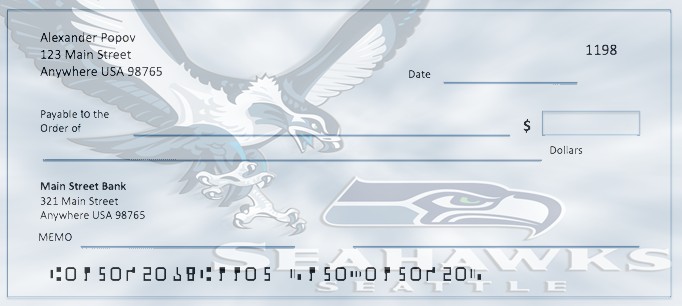 Earlier Seahawks check-layout illustration with a winged bird, bird-head emblem and Seattle Seahawks lettering.