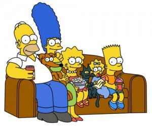 The Simpsons family, Homer, Marge, Bart, Lisa and Maggie, with their pets on a brown couch against a white background.