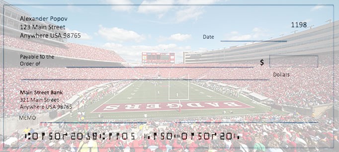 Earlier Wisconsin–Madison football photo-check illustration with a stadium panorama and red Badgers end zone.