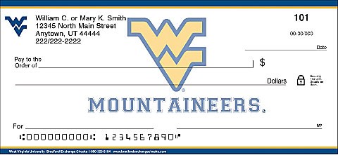 Earlier Mountaineers check illustration with a central gold WV mark and blue-and-gold border.