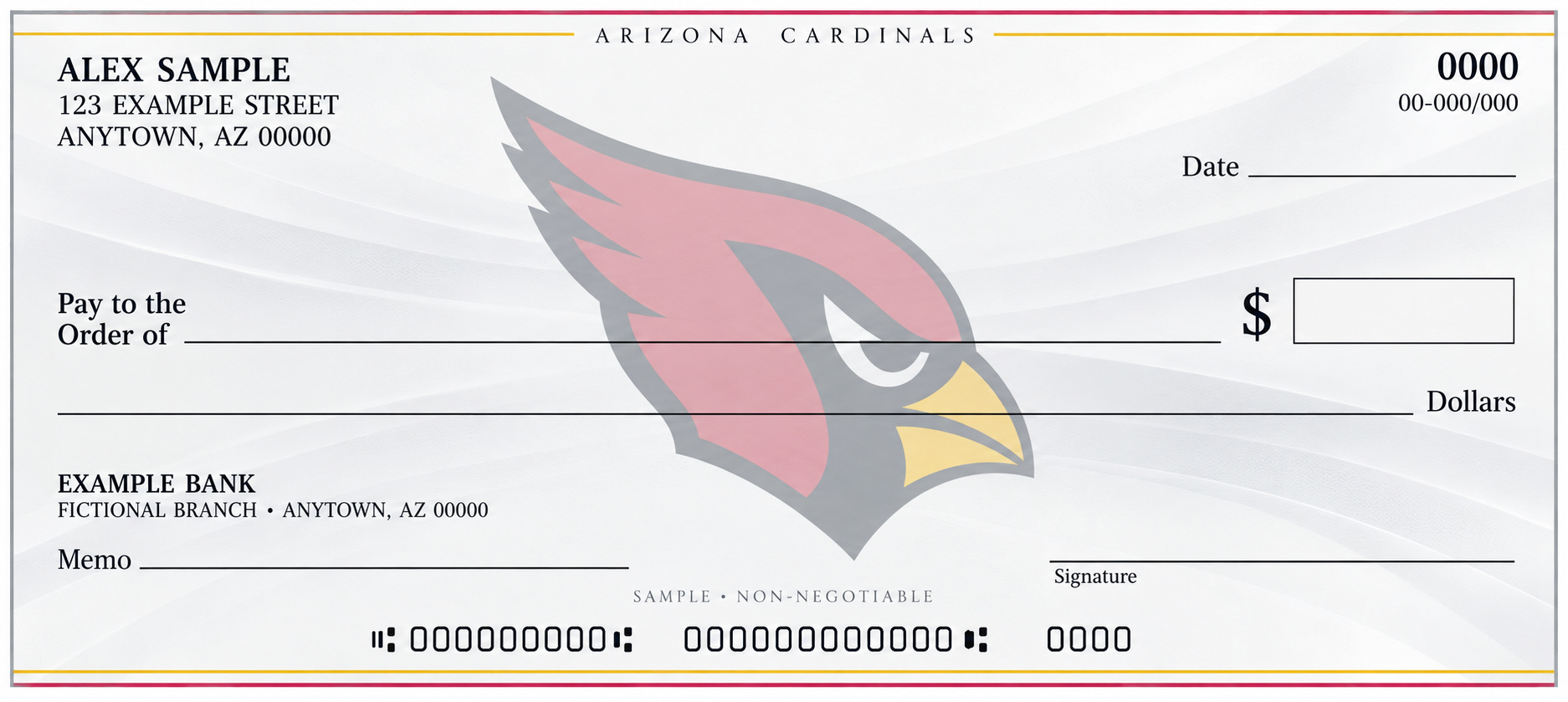 Arizona Cardinals personal check design with a pale central team emblem, light flowing background and blank check fields.