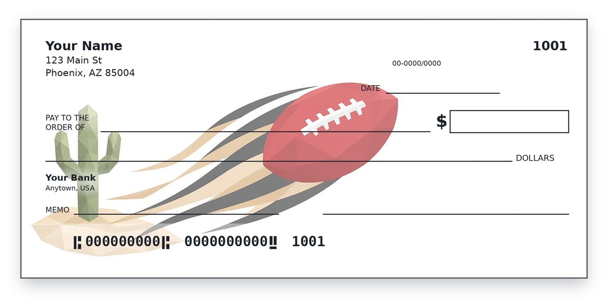 Arizona Cardinals checks design – low-poly cardinal red football on black ribbons by a saguaro, on white, personal check mockup