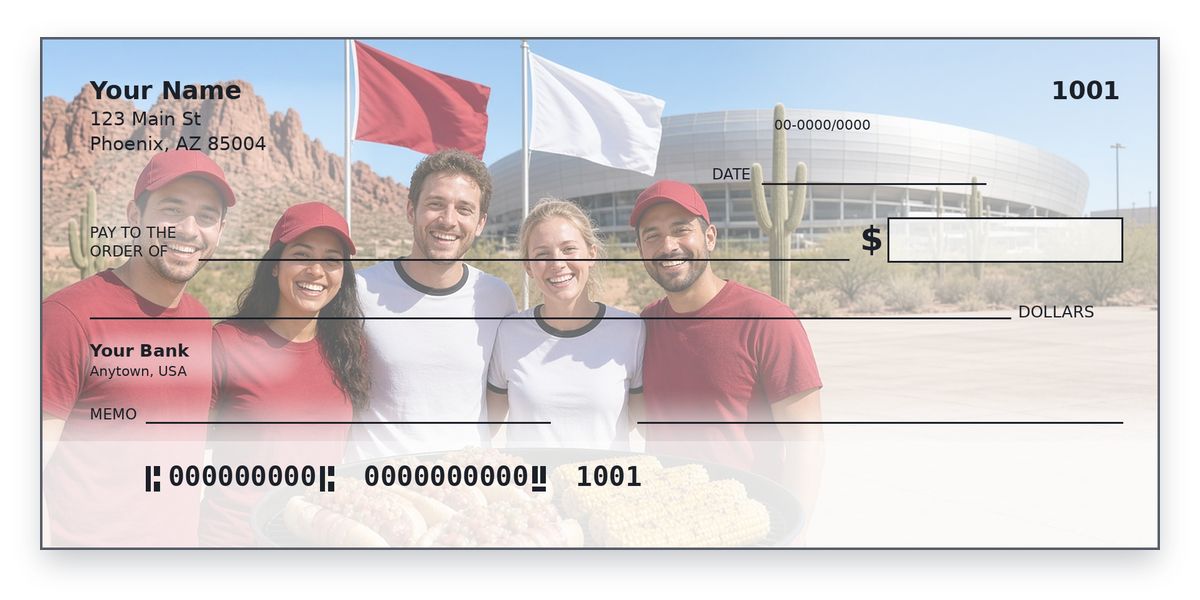 Arizona Cardinals checks design – fans in cardinal red jerseys grill Sonoran hot dogs among saguaros, personal check mockup