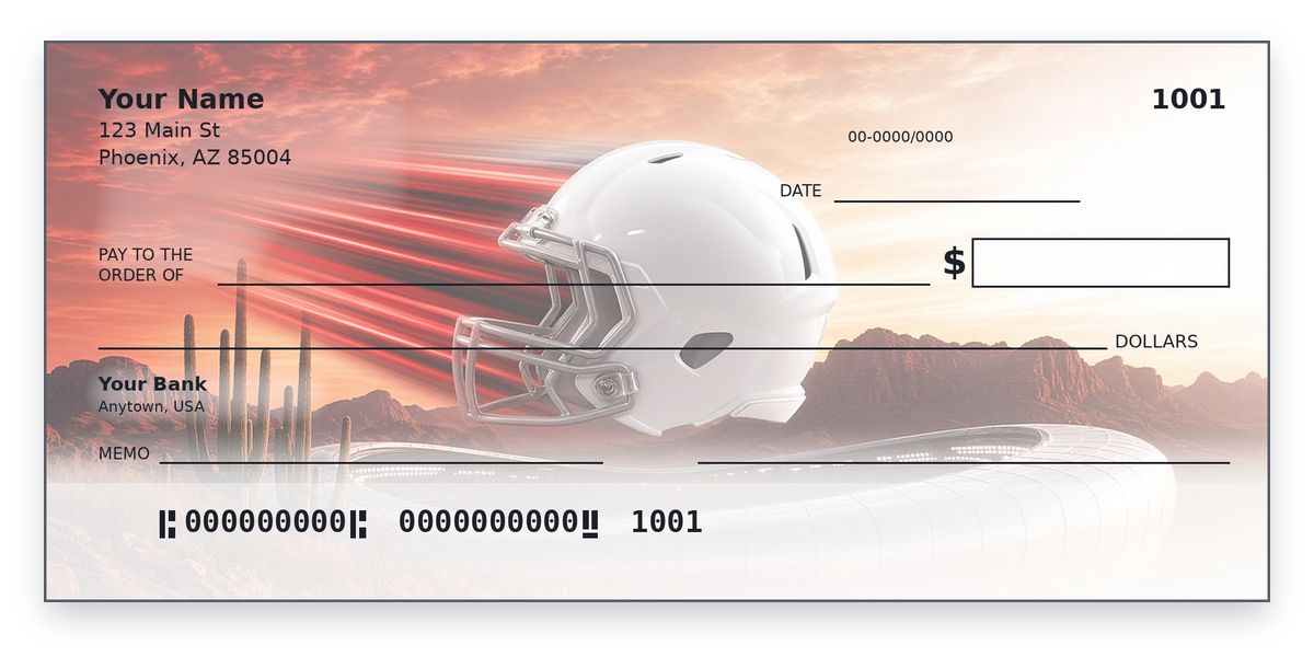 Arizona Cardinals checks design – white helmet with cardinal red streaks, saguaros at desert sunset, personal check mockup