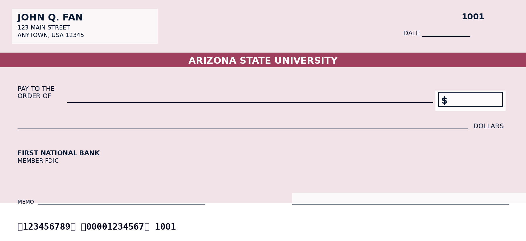 Arizona State University personal checks featuring the official Arizona State University logo and school colors, designed as a custom NCAA college checkbook for alumni and fans who want Arizona State University-themed bank checks.