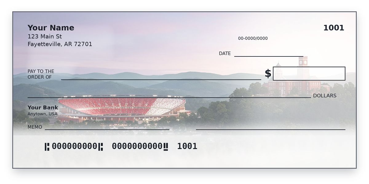 Arkansas Razorbacks checks design – cardinal and white stadium below a two-tower brick hall at dusk, personal check mockup