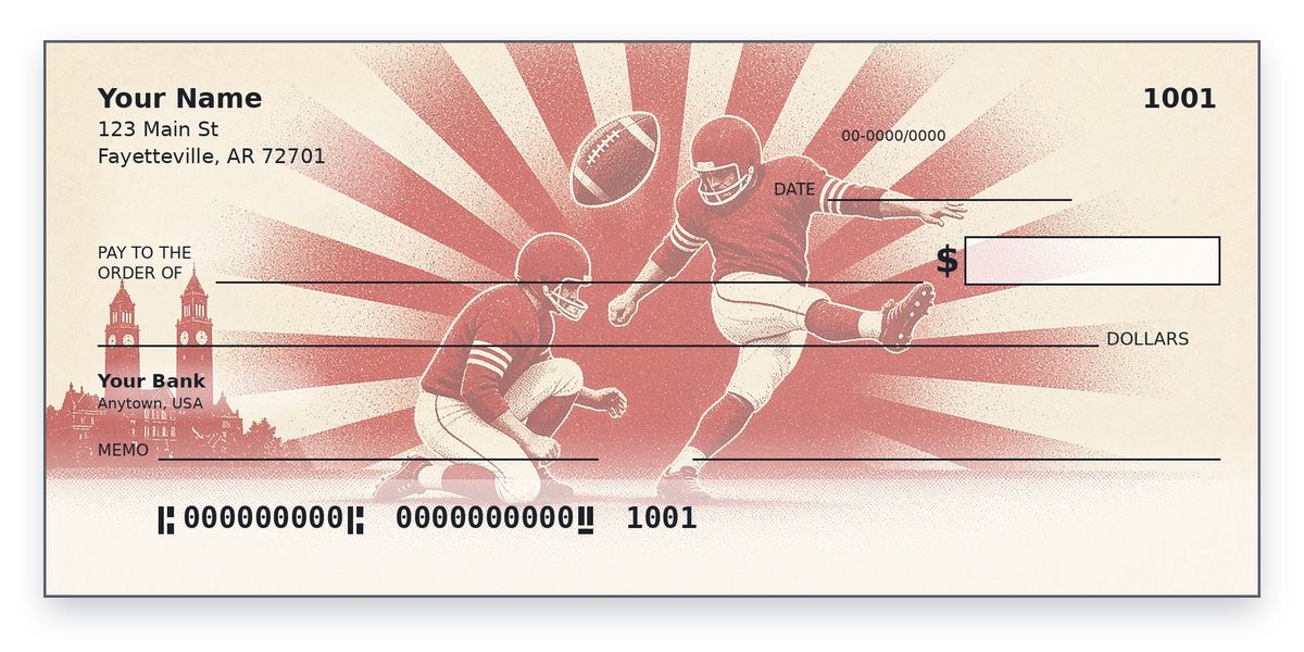 Arkansas Razorbacks checks design – 1970s-style kicker in cardinal and white booting a long field goal, personal check mockup