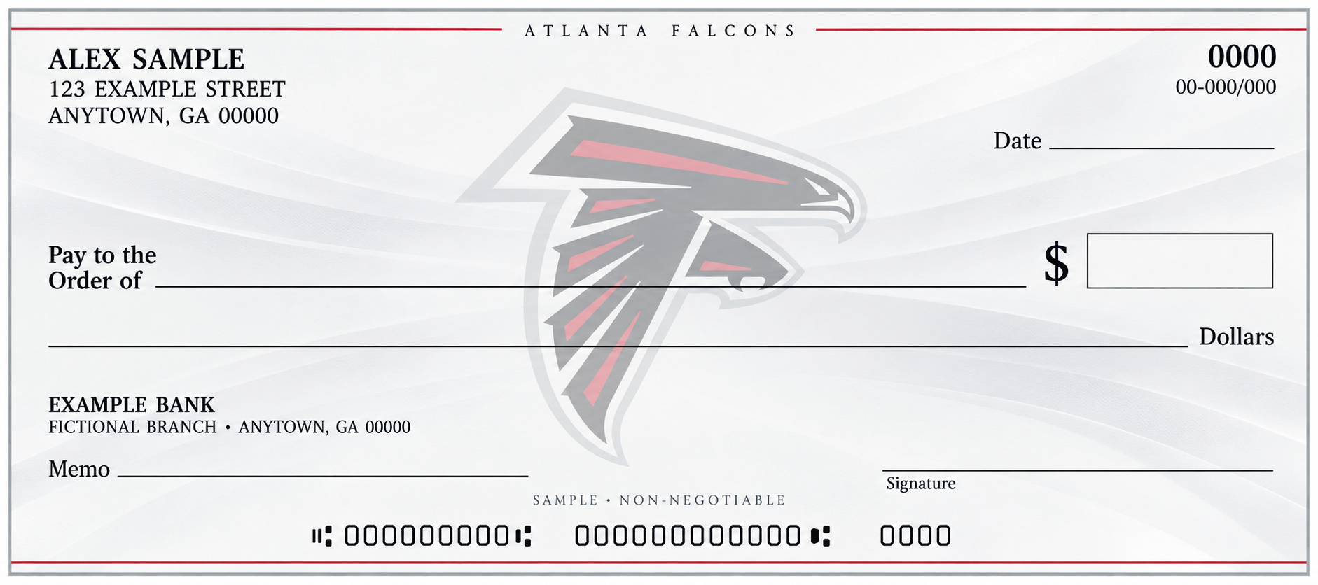Atlanta Falcons personal check design with a pale central team emblem, light flowing background and blank check fields.