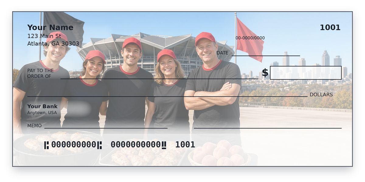 Atlanta Falcons checks design – fans in black and red jerseys grill lemon pepper wings, Atlanta skyline, personal check mockup