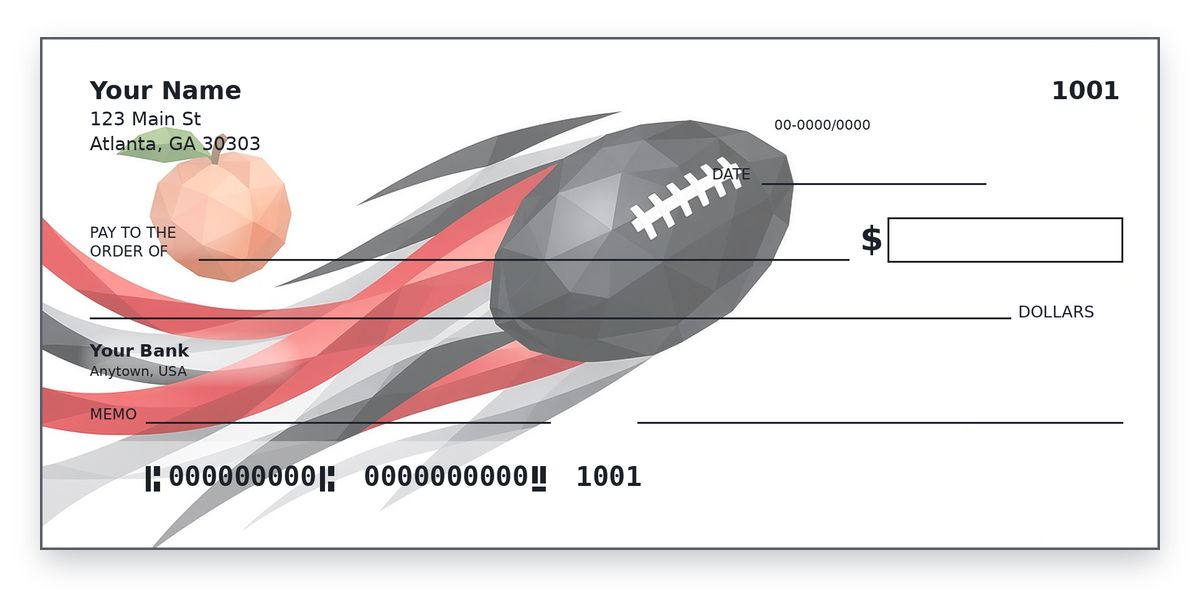 Atlanta Falcons checks design – low-poly black football on red ribbons with a Georgia peach, on white, personal check mockup