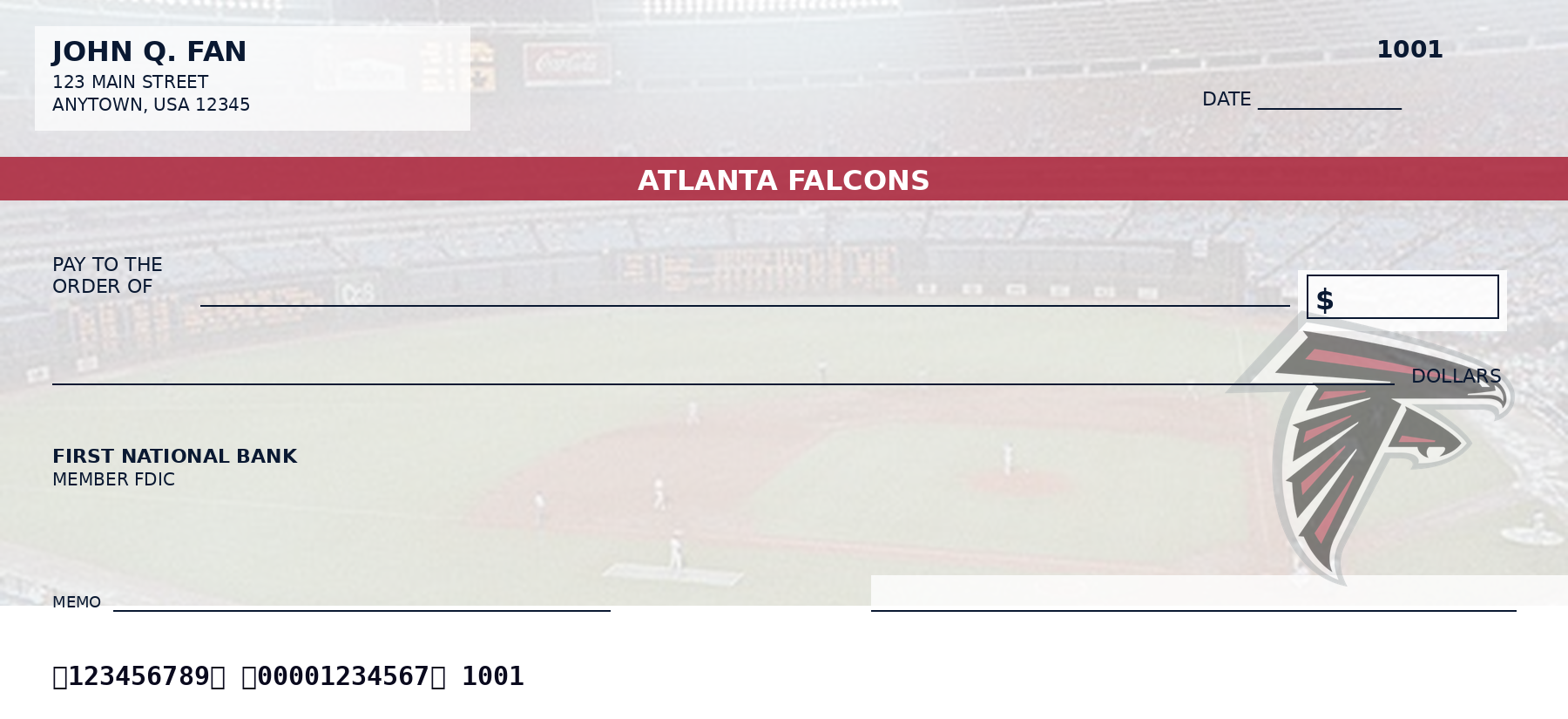 Earlier Atlanta Falcons check illustration with a stadium background, red name band and falcon emblem