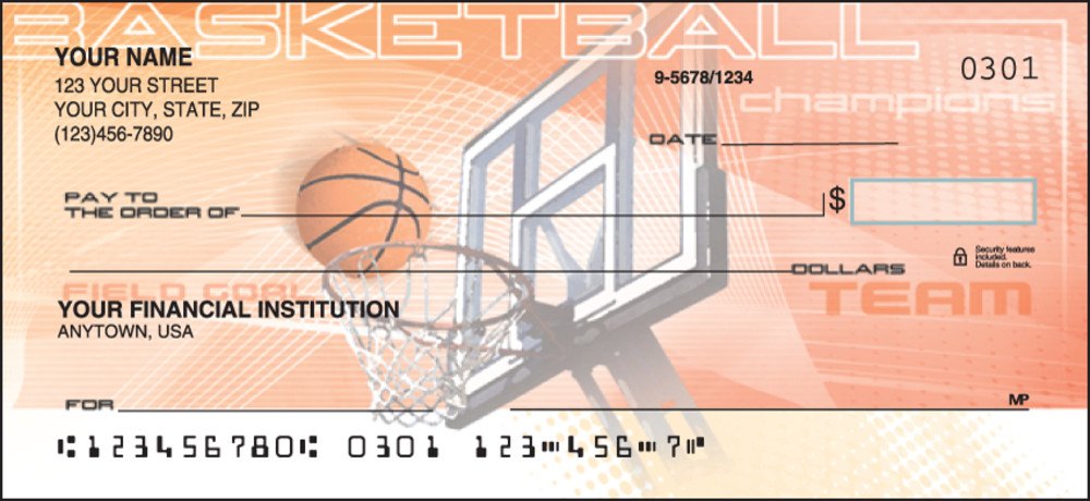Basketball personal check design with a hoop, net and ball on an orange background, from the Sports Fanatic set at Checks Unlimited