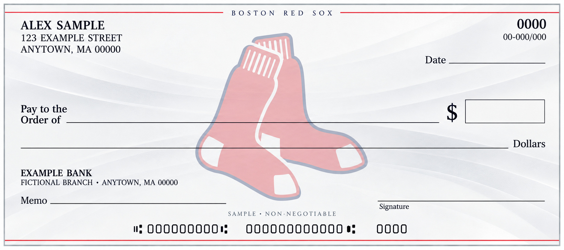 Boston Red Sox personal check design with a pale central team emblem, light flowing background and blank check fields.