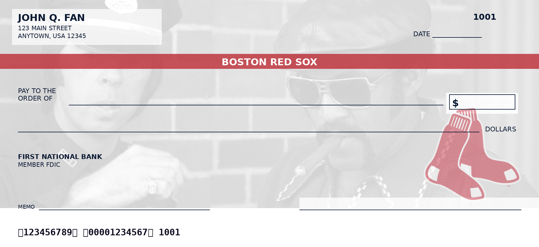 Earlier Boston Red Sox editorial check illustration Earlier Boston Red Sox check illustration with a red team-name band, faded photograph and red-socks emblem at lower right