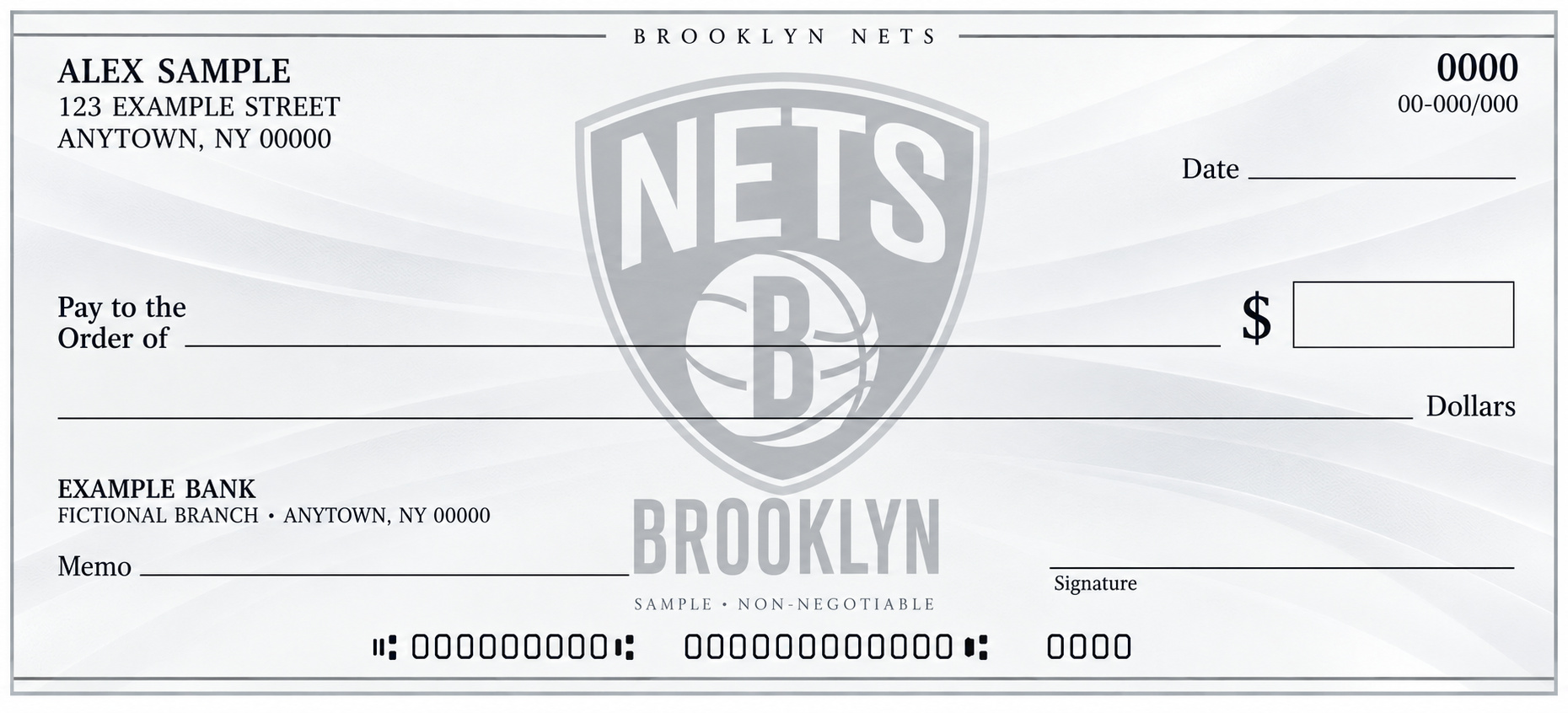 Brooklyn Nets personal check design with a pale central team emblem, light flowing background and blank check fields.