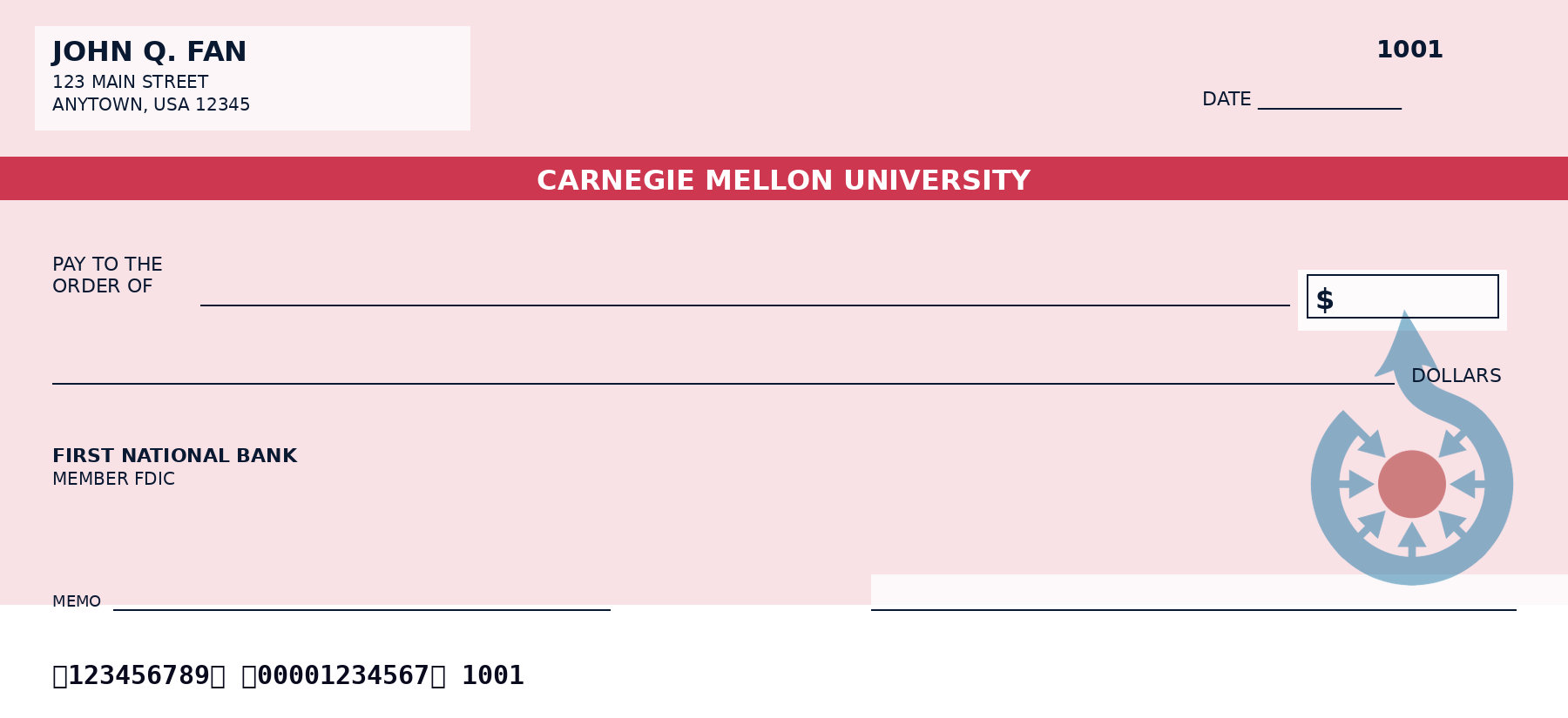Carnegie Mellon University personal checks featuring the official Carnegie Mellon University logo and school colors, designed as a custom NCAA college checkbook for alumni and fans who want Carnegie Mellon University-themed bank checks.