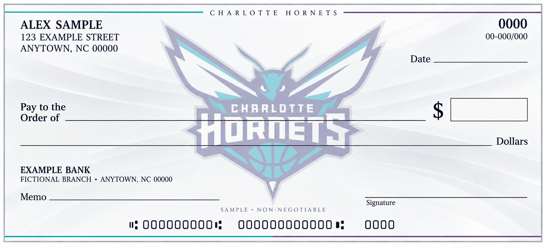 Charlotte Hornets personal check design with a pale central team emblem, light flowing background and blank check fields.