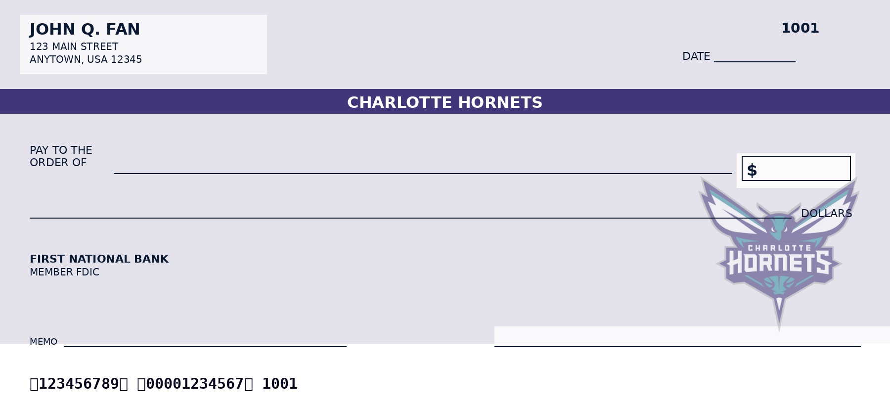 Earlier Charlotte Hornets-themed editorial check-design illustration