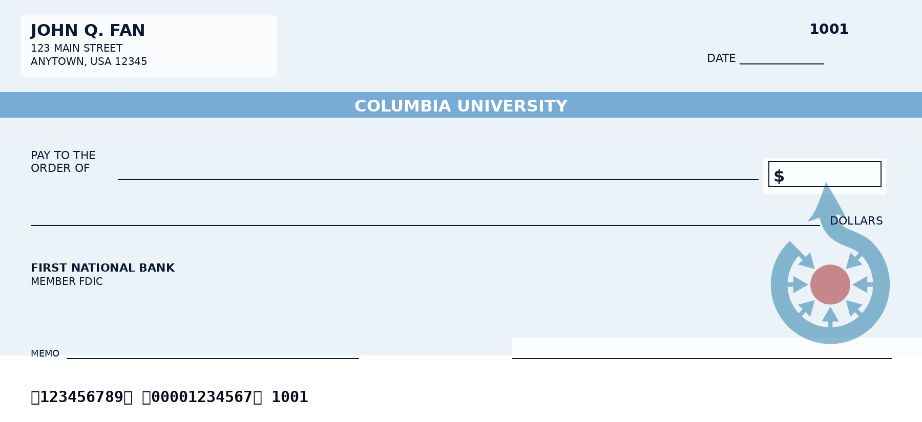 Columbia University personal checks featuring the official Columbia University logo and school colors, designed as a custom NCAA college checkbook for alumni and fans who want Columbia University-themed bank checks.