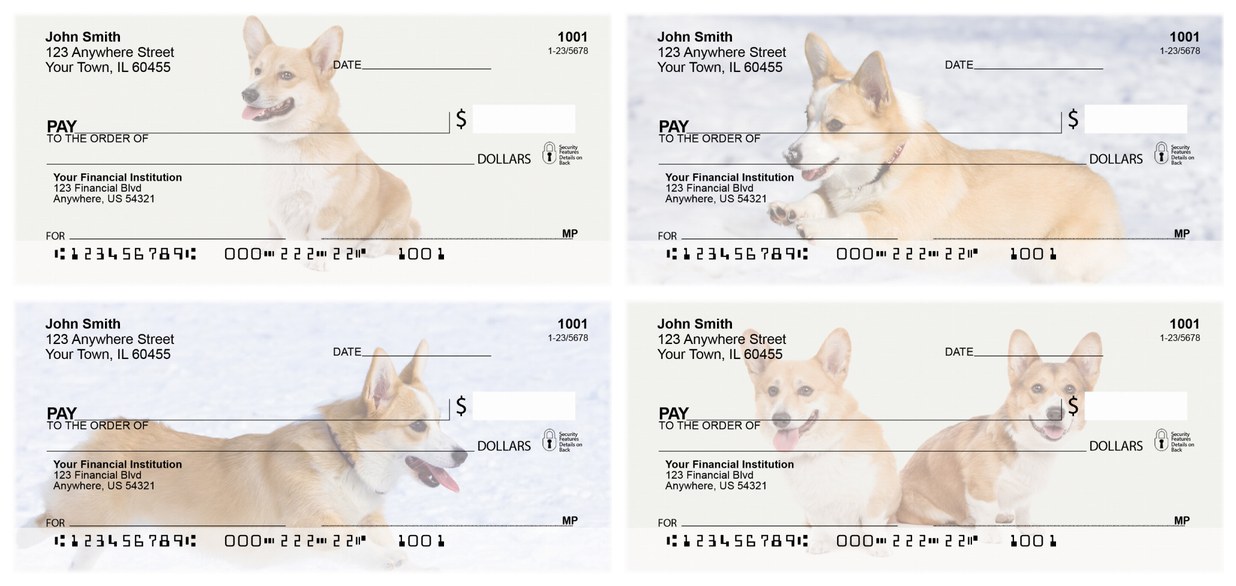 All four Pembroke Welsh Corgi check designs from Carousel Checks: a sitting corgi, a corgi leaping in snow, a corgi trotting in snow and two corgis side by side