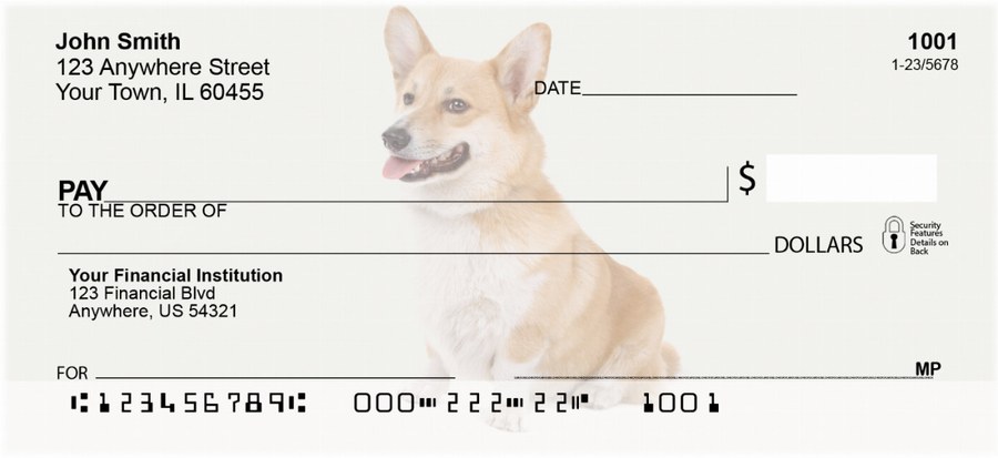 Corgi checks: Pembroke Welsh Corgi personal check from Carousel Checks with a red-and-white corgi sitting beside the check fields