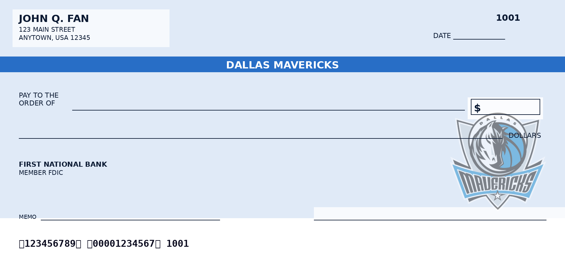 Dallas Mavericks Personal Checks — NBA Team Checkbook Design Dallas Mavericks personal checks design idea in team colors - a sample NBA fan check layout, not an official team product.
