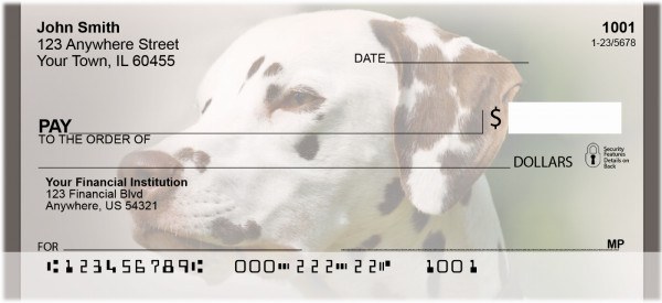Dalmatian personal check with a close-up of a liver-spotted Dalmatian’s face behind the check fields, Darling Dalmations design from Bank Checks Plus