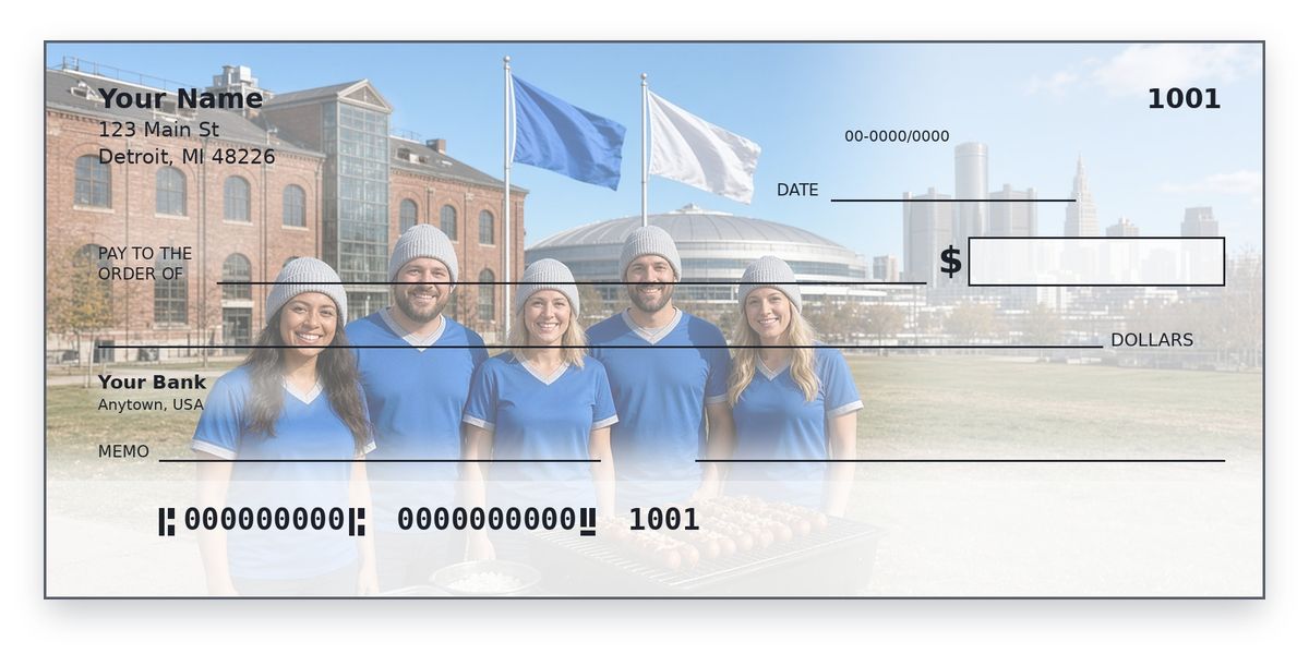 Detroit Lions Checks – Detroit Coney Dog Tailgate Design Detroit Lions checks design – fans in Honolulu blue jerseys grill coney dogs by a brick dome stadium, personal check mockup