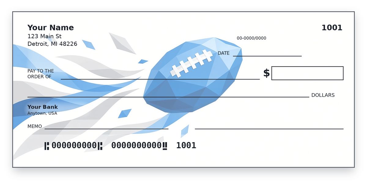 Detroit Lions Checks – Minimalist Geometric Honolulu Blue Football Design Detroit Lions checks design – low-poly Honolulu blue football on blue and silver ribbons, on white, personal check mockup