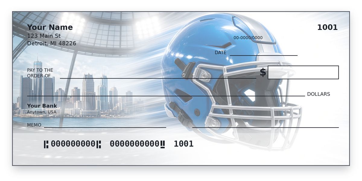 Detroit Lions Checks – Honolulu Blue Helmet Under the Detroit Lights Design Detroit Lions checks design – Honolulu blue helmet with silver stripe under Detroit stadium lights, personal check mockup