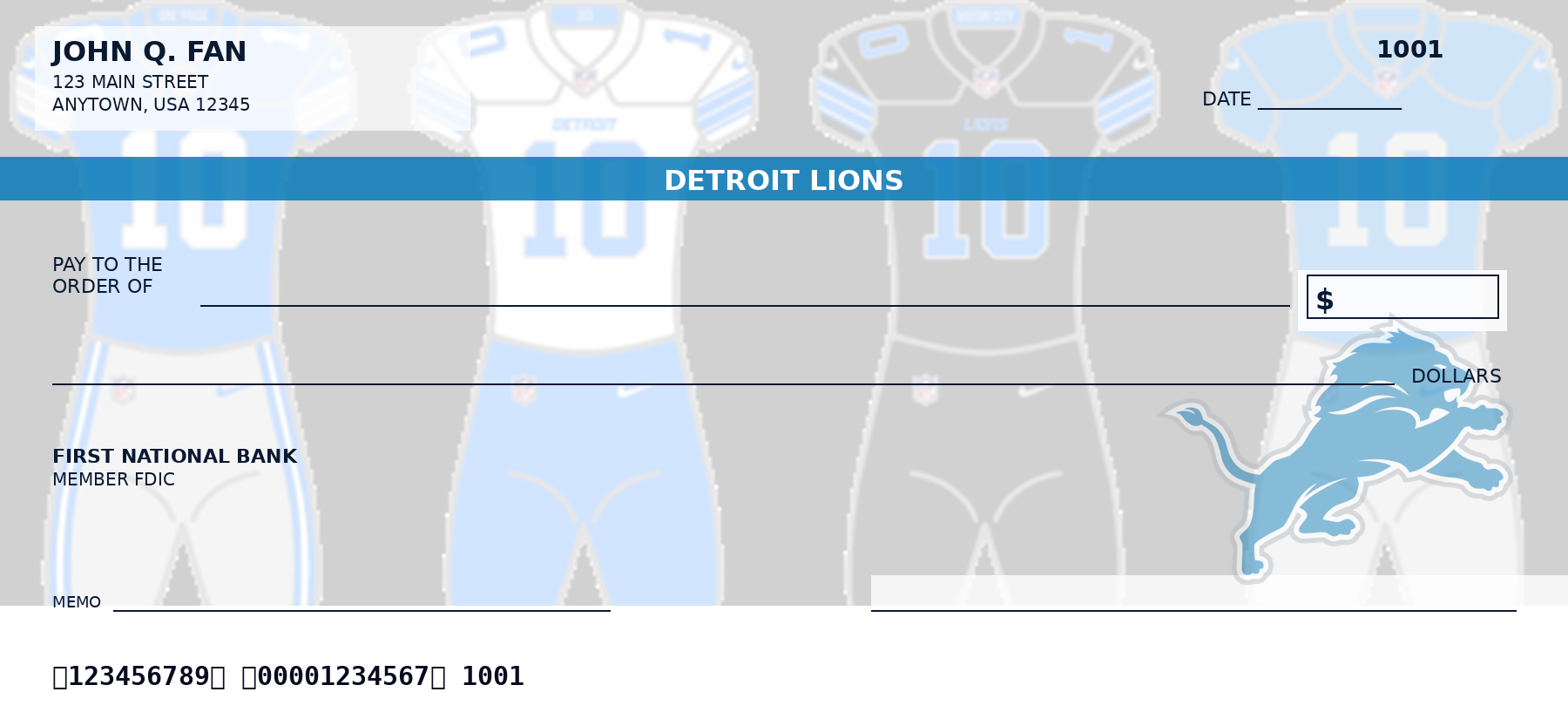 Earlier Detroit Lions check illustration Earlier Detroit Lions check illustration with four football uniform designs, a blue team-name band and lion emblem