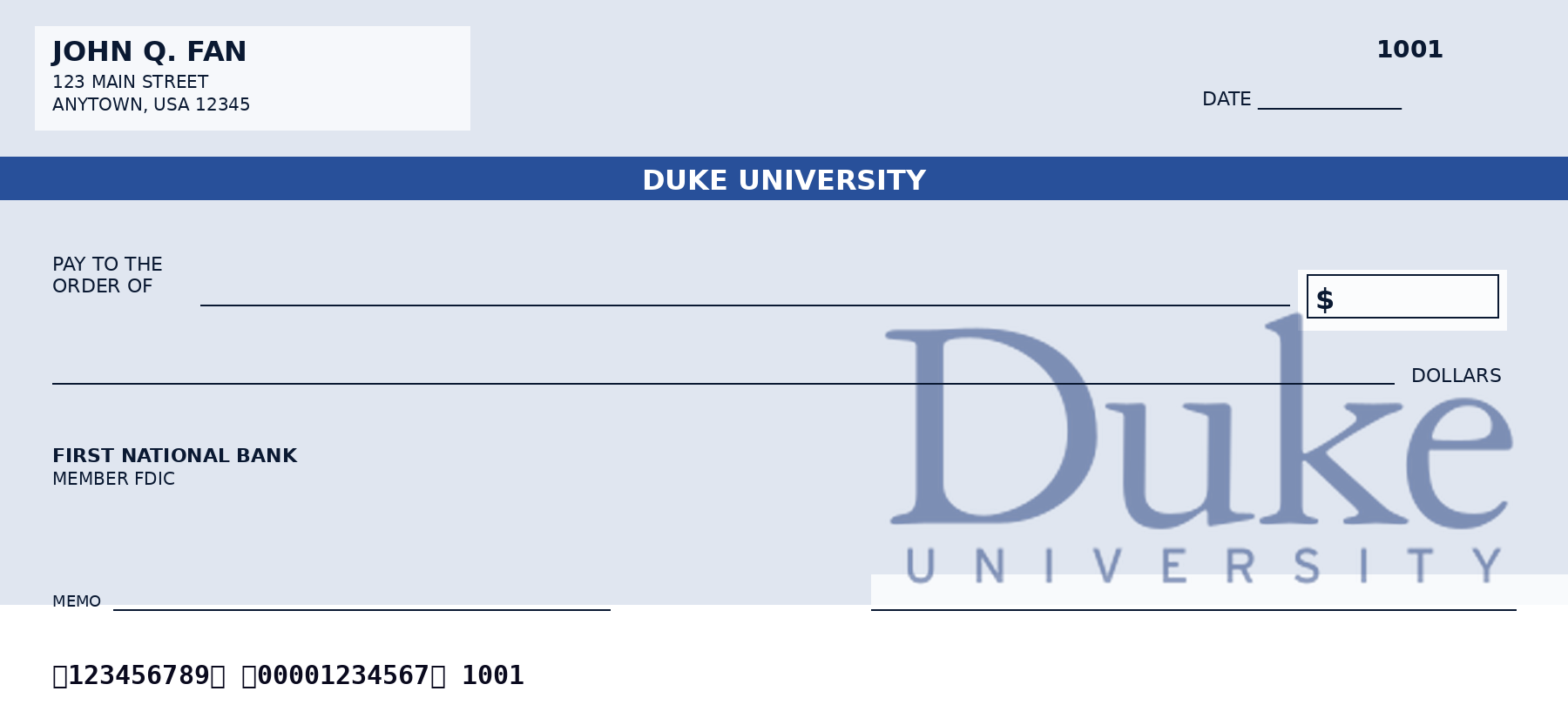 Duke University personal checks featuring the official Duke University logo and school colors, designed as a custom NCAA college checkbook for alumni and fans who want Duke University-themed bank checks.
