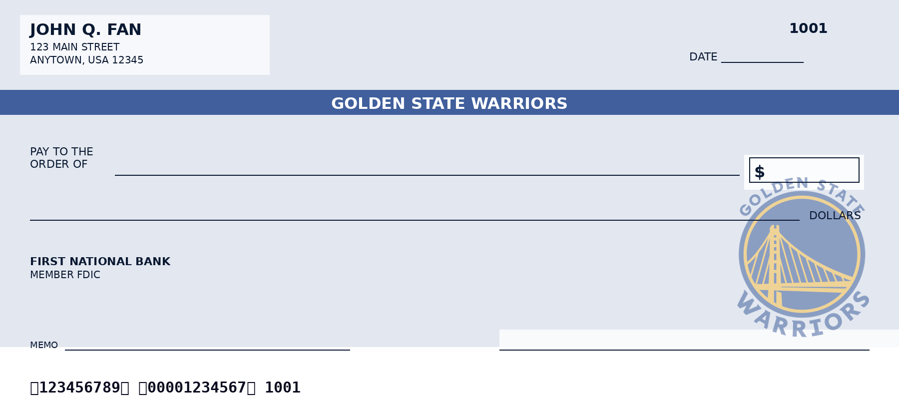Golden State Warriors personal checks design idea in team colors - a sample NBA fan check layout, not an official team product.