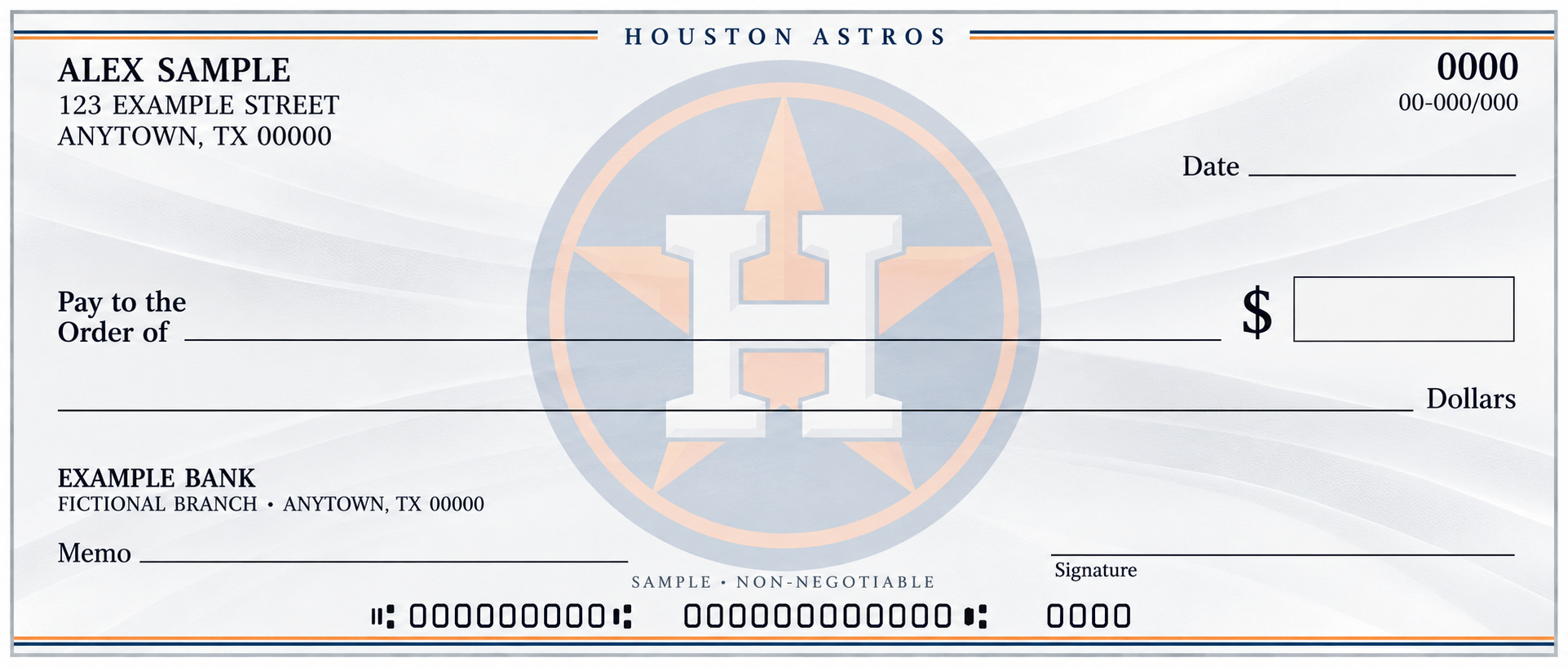 Houston Astros personal check design with a pale central team emblem, light flowing background and blank check fields.