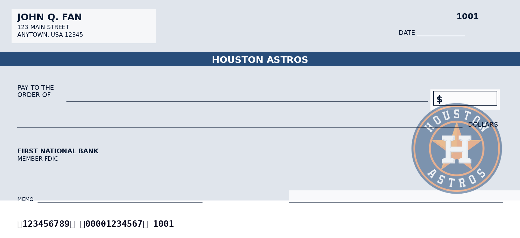 Houston Astros personal checks design idea in team colors - a sample MLB fan check layout, not an official team product.