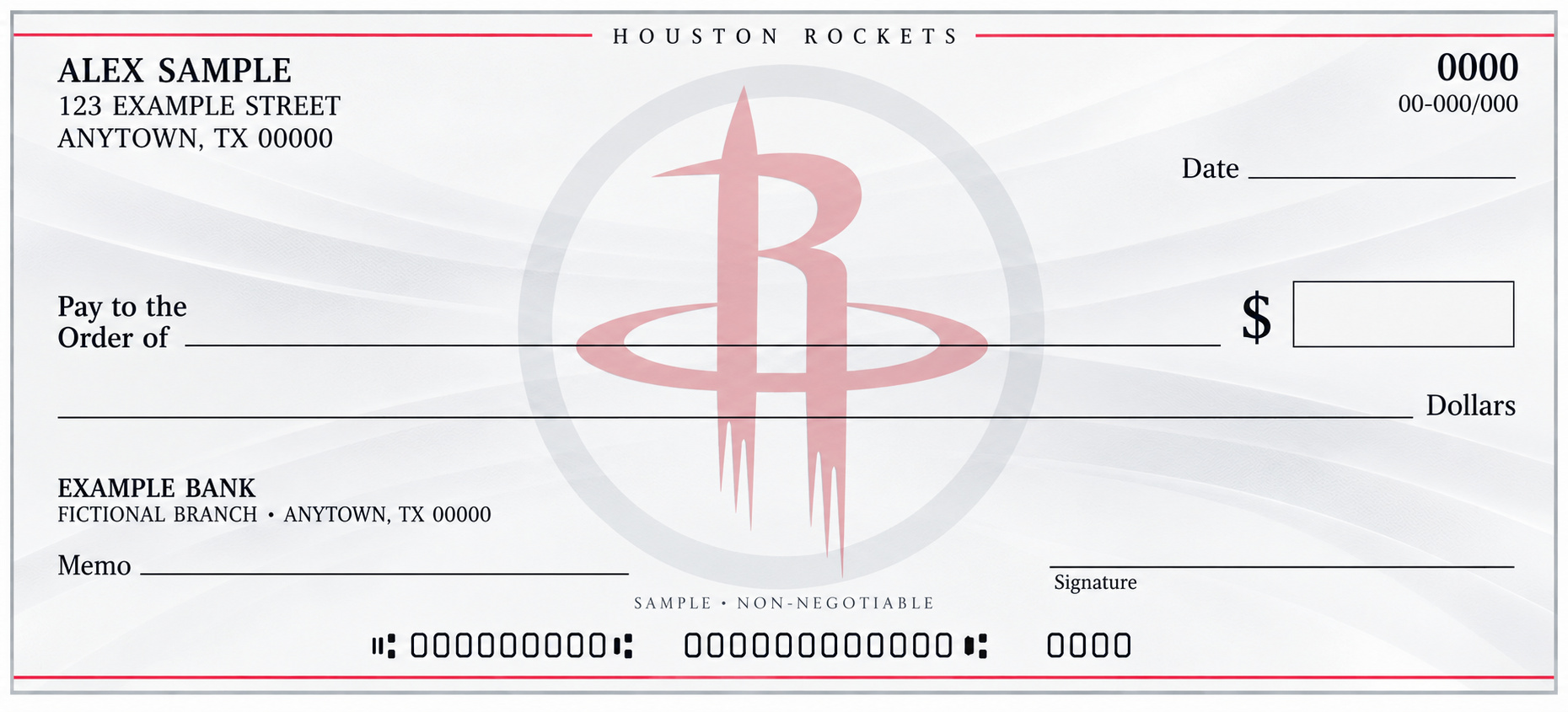 Houston Rockets personal check design with a pale central team emblem, light flowing background and blank check fields.