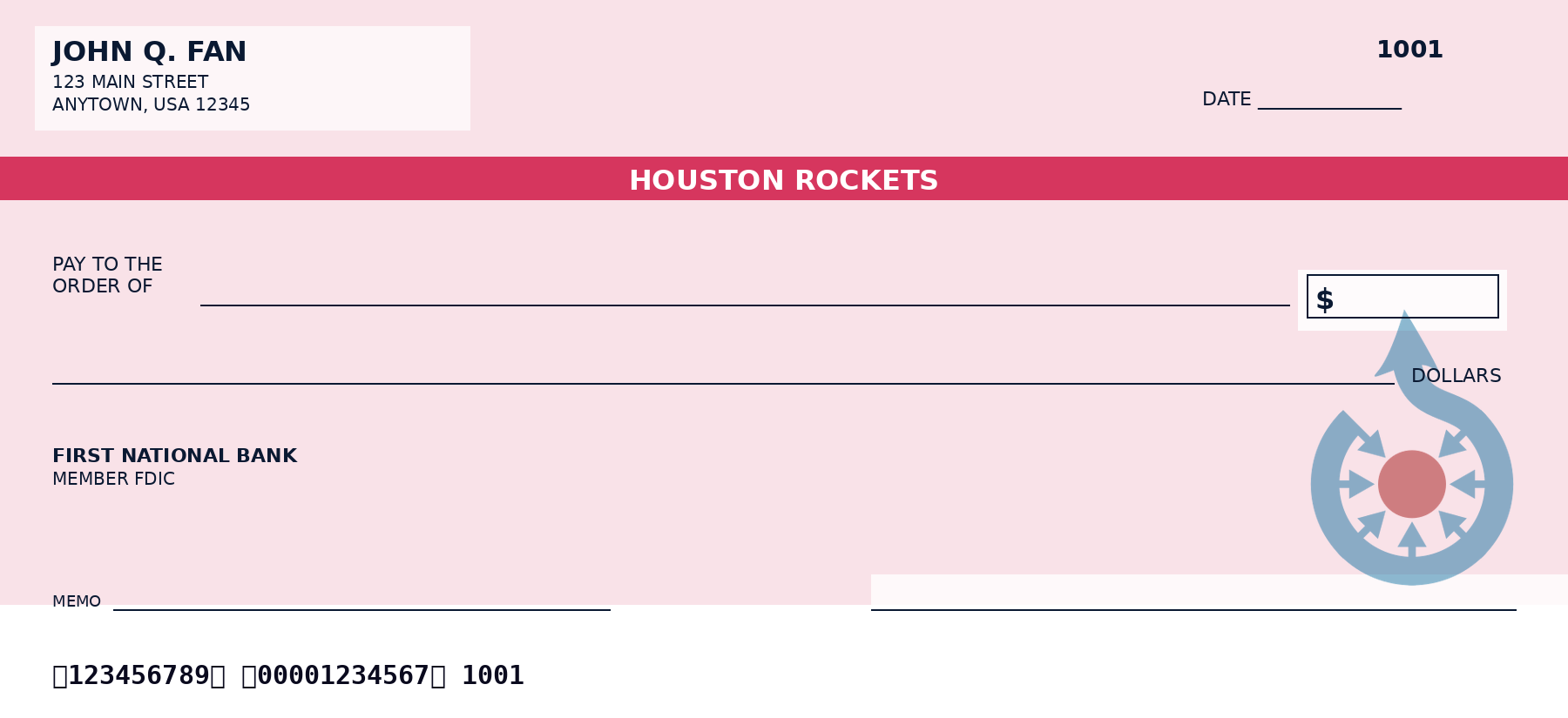 Houston Rockets Personal Checks — NBA Team Checkbook Design Houston Rockets personal checks design idea in team colors - a sample NBA fan check layout, not an official team product.