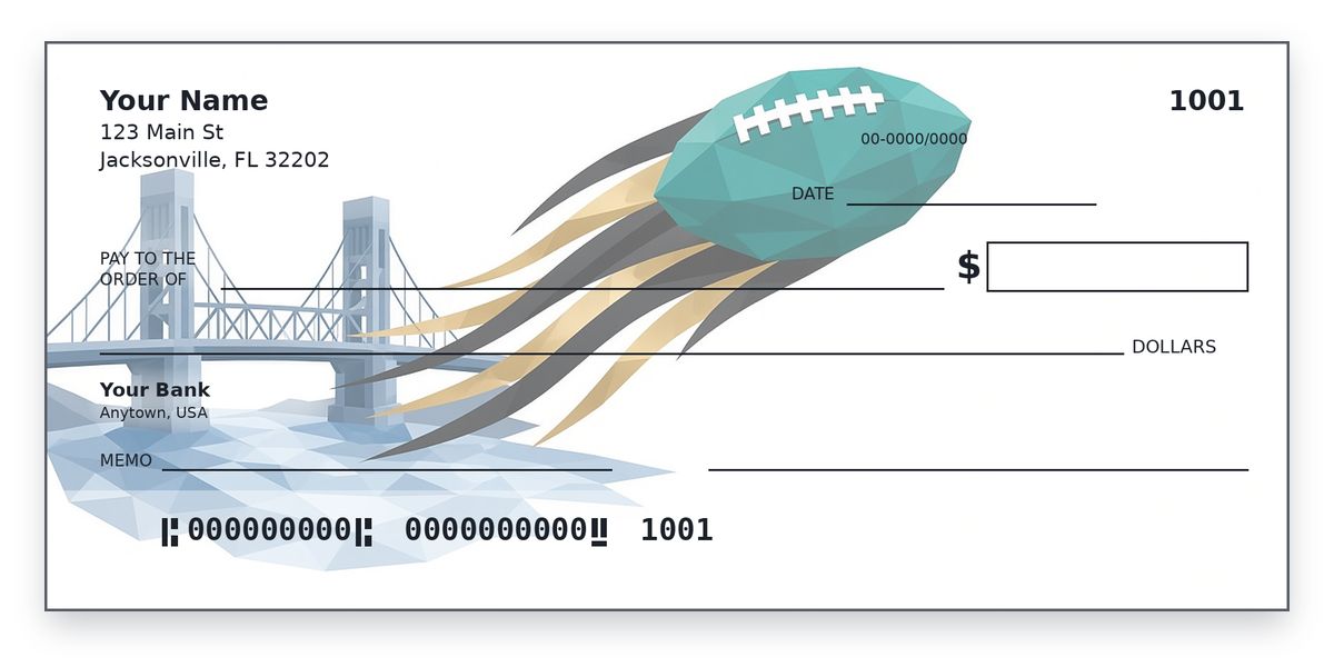Jacksonville Jaguars checks design – low-poly teal football on black-gold ribbons, lift bridge, on white, personal check mockup