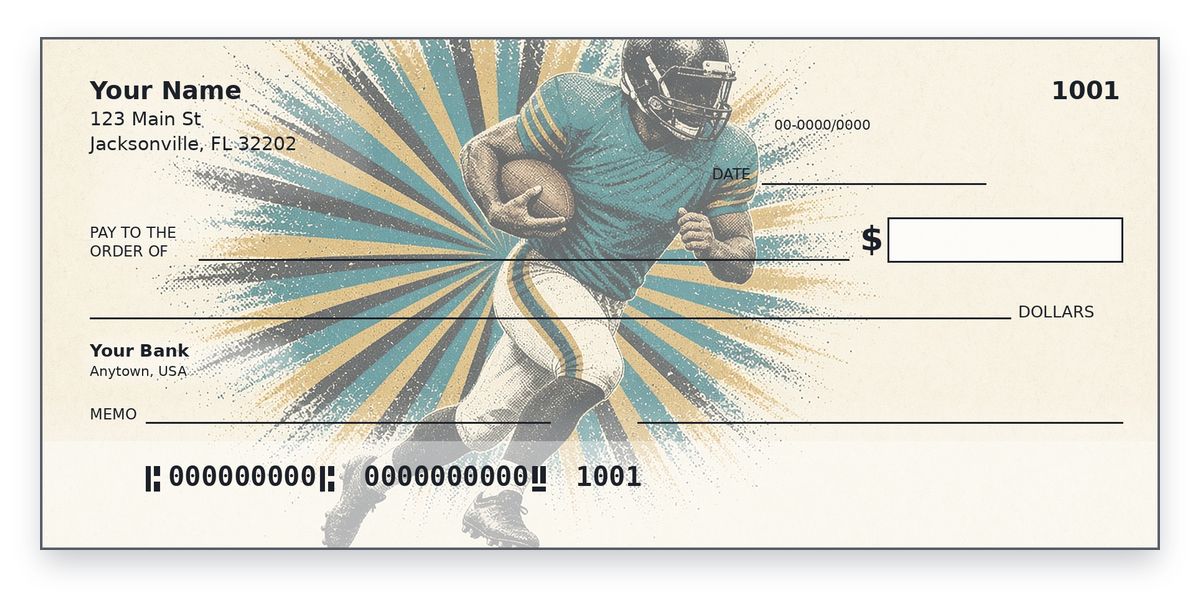 Jacksonville Jaguars checks design – retro running back in teal with gold and black trim, teal sunburst, personal check mockup