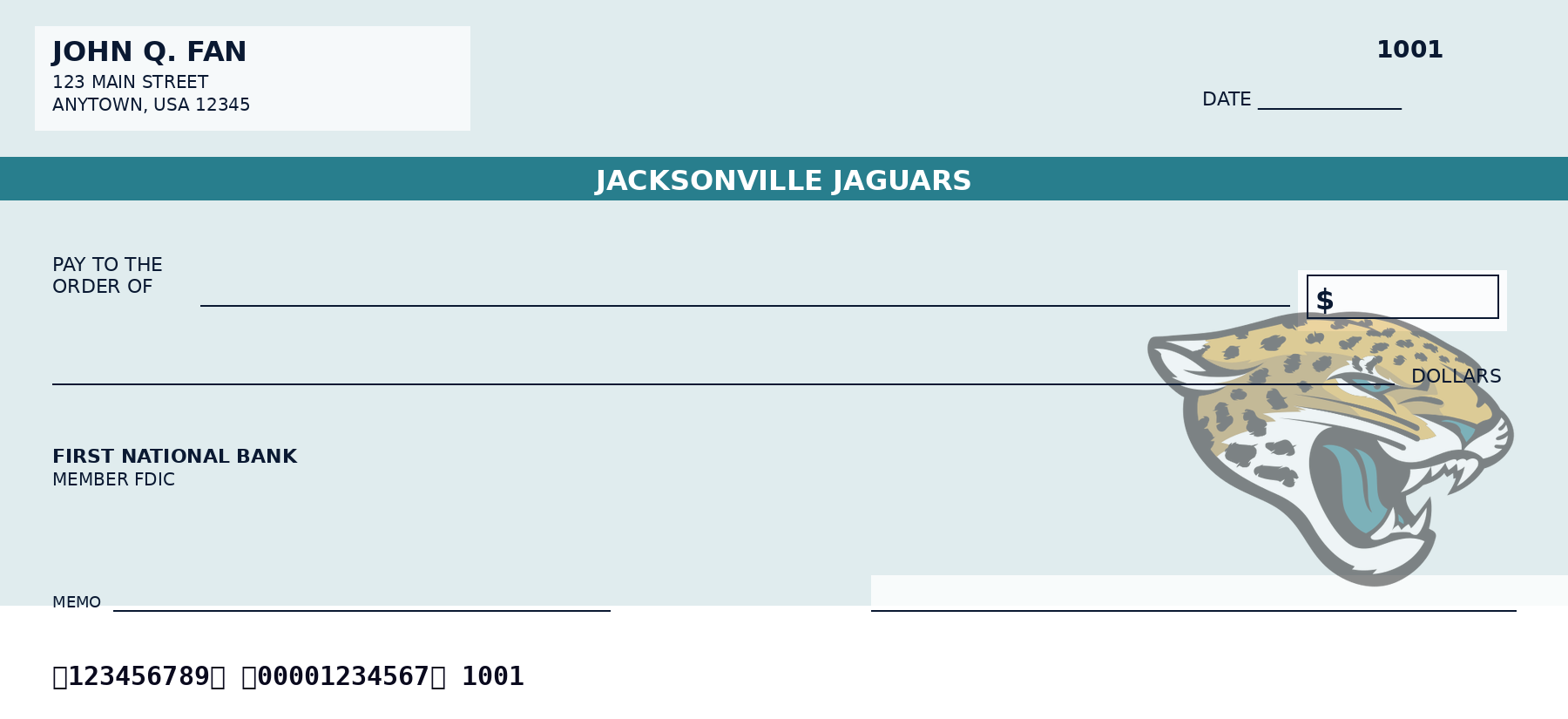 Jacksonville Jaguars personal checks featuring the official Jacksonville Jaguars team logo and team colors, designed as a custom NFL checkbook for fans who want Jacksonville Jaguars-themed bank checks.