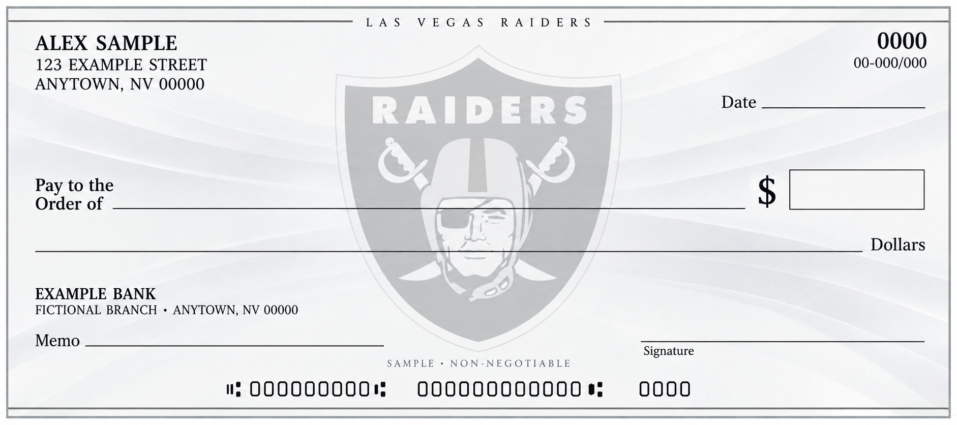 Las Vegas Raiders personal check design with a pale central shield, light gray waves and sample fields.