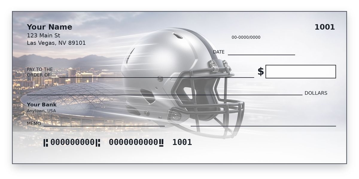Las Vegas Raiders Checks – Silver and Black Helmet Under the Las Vegas Lights Design Las Vegas Raiders checks design – silver helmet with black stripe under Las Vegas stadium lights, personal check mockup