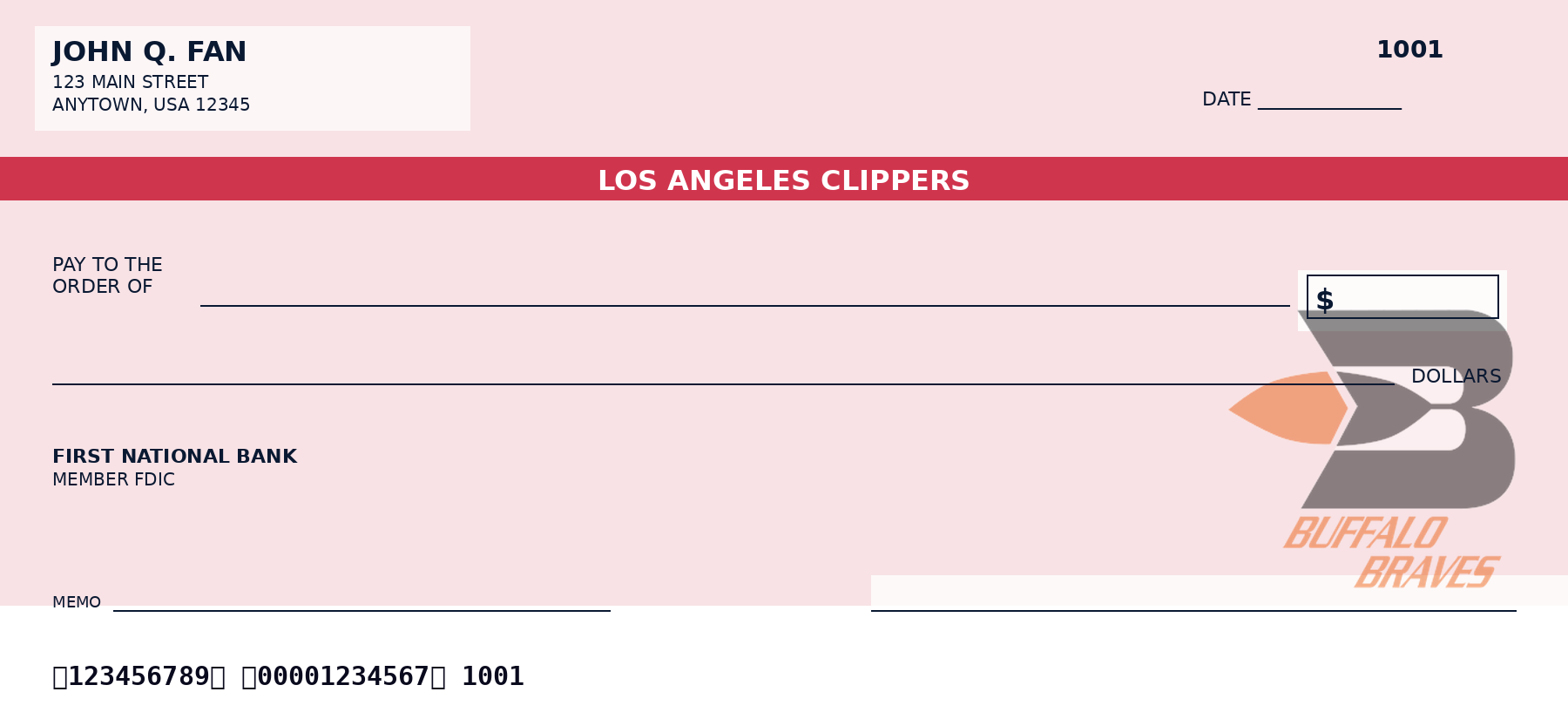Los Angeles Clippers Personal Checks — NBA Team Checkbook Design Los Angeles Clippers personal checks design idea in team colors - a sample NBA fan check layout, not an official team product.