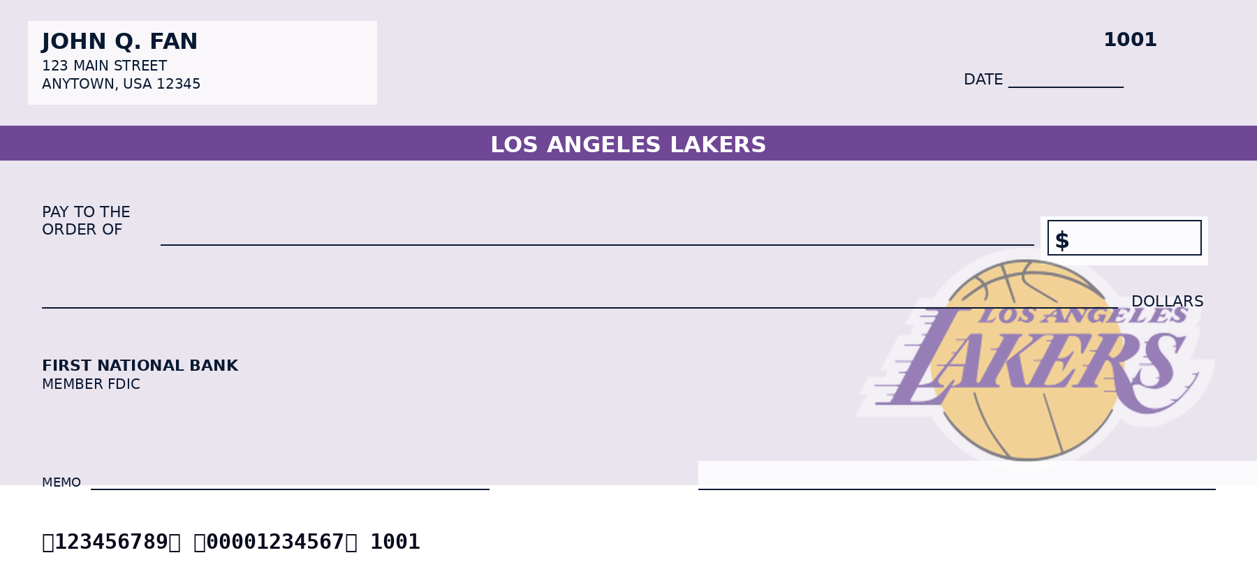 Los Angeles Lakers Personal Checks — NBA Team Checkbook Design Los Angeles Lakers personal checks design idea in team colors - a sample NBA fan check layout, not an official team product.