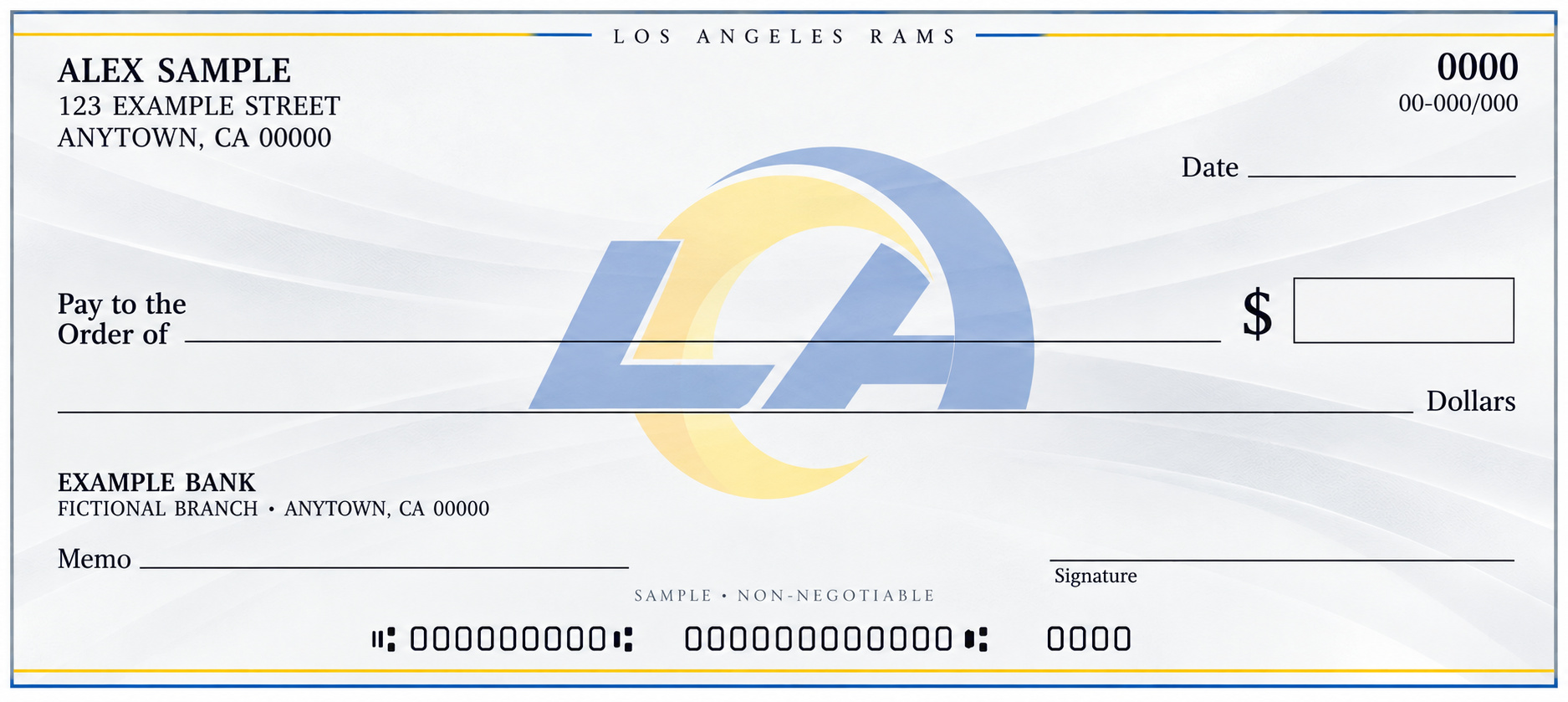 Los Angeles Rams personal check design with a pale central team emblem, light flowing background and blank check fields.