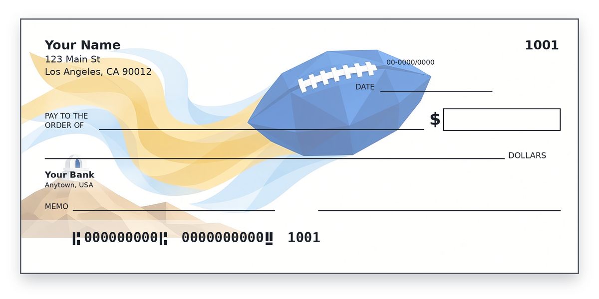 Los Angeles Rams checks design – low-poly royal blue football on yellow ribbons over LA hills, on white, personal check mockup